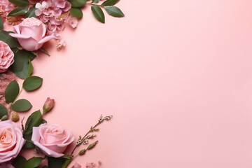 Banner with Frame Made of Rose Flowers and Green Leaves on a Pink Background - Created with Generative AI Tools