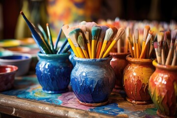 close-up of paintbrushes and colorful glazes on pottery table