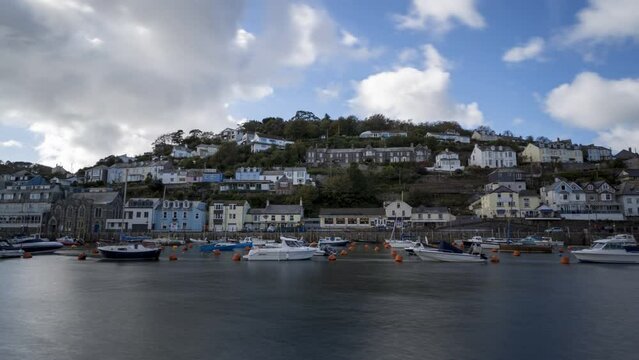Timelapse video of boats with mountains on the shore, Looe, Cornwall, UK