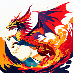 Vector illustration of a flying dragon on a background of splashes.