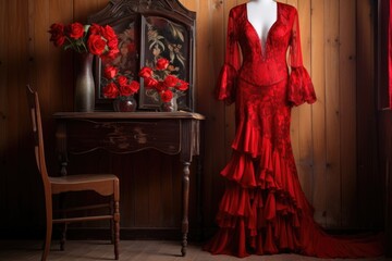 red flamenco dress hanging on a vintage wardrobe - obrazy, fototapety, plakaty