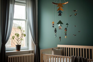 a mobile hanging above a crib in a calm nursery - obrazy, fototapety, plakaty