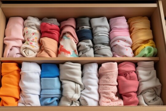 close-up of baby clothes neatly organized in drawers