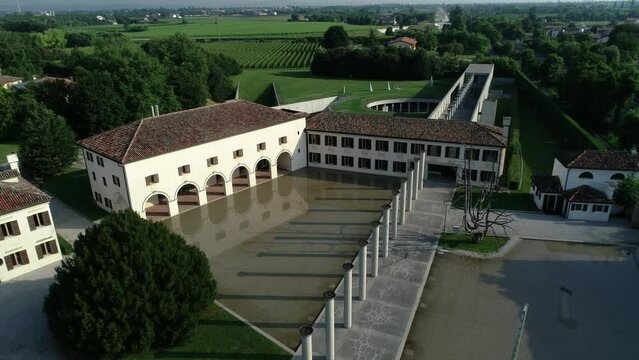 Aerial video of unique building of FABRICA Training centre in Lancenigo, Italy