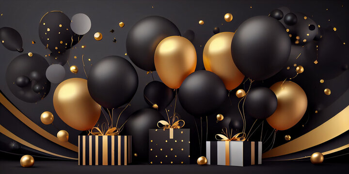 Celebration, festive background with helium balloons, gifts and confetti. holiday party invite. Greeting banner or poster with black and golden realistic, Ai generated image