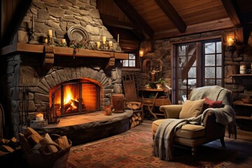 rustic stone fireplace in a cabin setting - obrazy, fototapety, plakaty