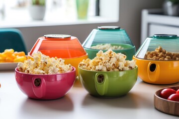 popcorn maker with a variety of colorful bowls for serving - obrazy, fototapety, plakaty