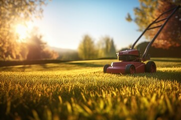 close-up of a lawn mower grass at sunrise