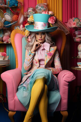Portrait of a young woman, sitting in armchair, in colorfull mad hatter clothes, drinkig her tea. Fashion, costume, party, cosplay concept. AI generative, illustration. - obrazy, fototapety, plakaty