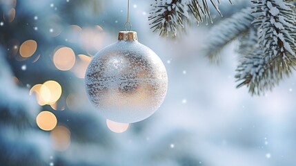 christmas ball on a tree. golden christmas ball on spruce branch. christmas ball closeup. selective focus.