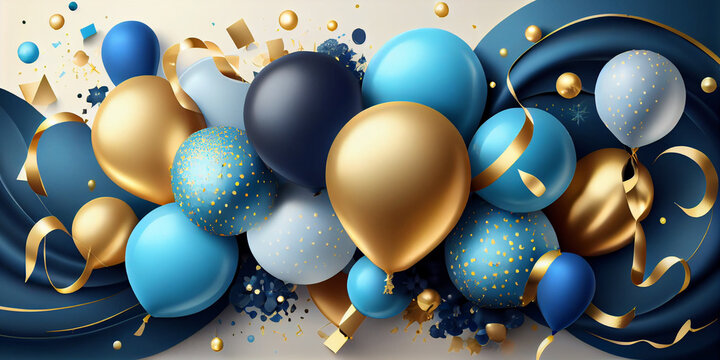 Celebration, festive background with helium balloons, gifts and confetti. holiday party invite. Greeting banner or poster with gold and blue realistic, Ai generated image