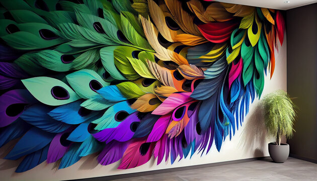 Colorful feathers leave on the living wall 3d abstraction wallpaper. peacock feathers background. Multicolor feather above on hanging wall interior mural painting, Ai generated image.