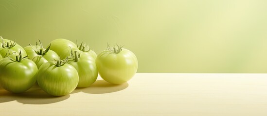 Green tomatoes laid out in bright sunlight on a beige background with space for text