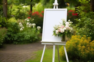 white blank easel with a garden background for the wedding reception mockup