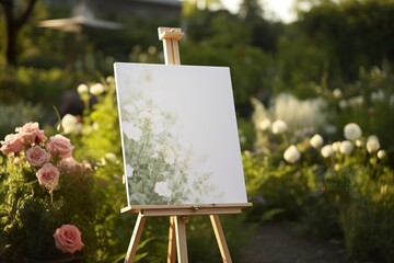 white blank easel with a garden background for the wedding reception mockup