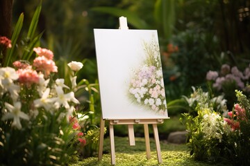 white blank easel with a garden background for the wedding reception mockup