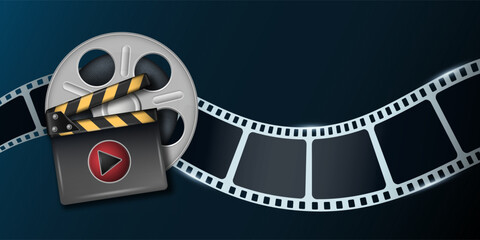 Film strip in waveform with film cinema roll. Cinema background with 3d equipment. Movie art template for cinema festival, ticket, advertising, brochure. Cinematography concept of film industry.