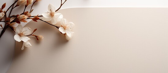 Top view of a minimalistic empty canvas paper or card with space for text and a flower twig,...