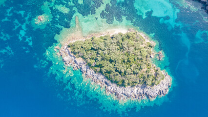Aerial view of the heart shaped island on the Mediterranean coast.