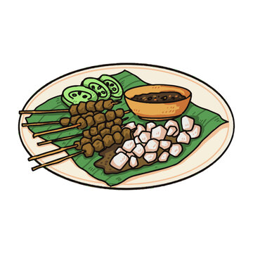 meat satai with rice Indonesian famous food illustration