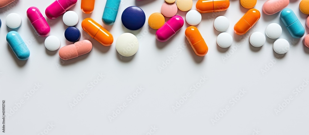 Poster A variety of colorful pills are arranged in a flat lay composition on a table after being poured out