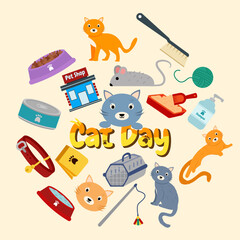 Fototapeta premium Cat Day Accessories Style Doodle. Vector Illustration