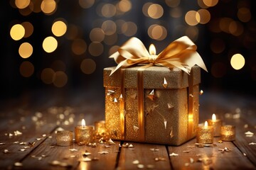  christmas golden gift box with ribbon - obrazy, fototapety, plakaty