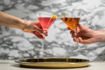 Individuals are toasting each other with drinks in hand