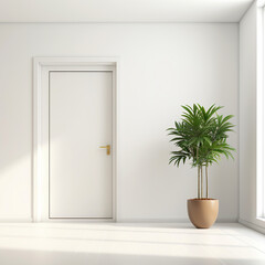 An empty white room with a wooden floor and a potted plant