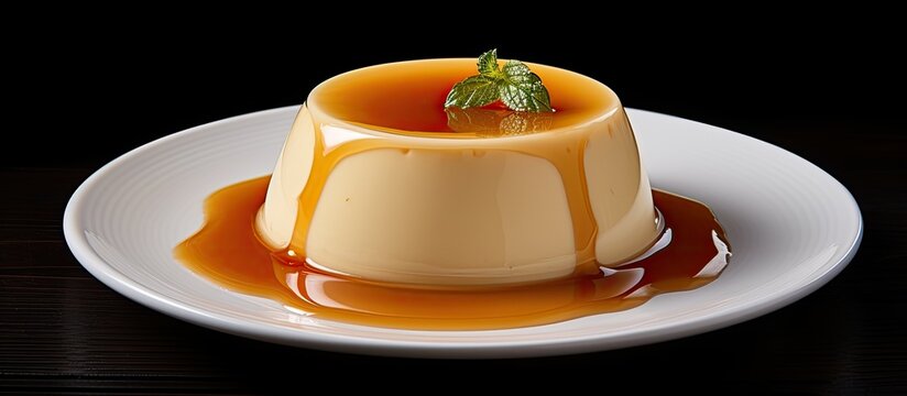 Delicious pudding made with condensed milk displayed on a white plate. Can be viewed from the top, with