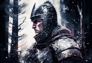 watercolor portrait of dark fantasy knight. snowy winter scenery. generative ai.