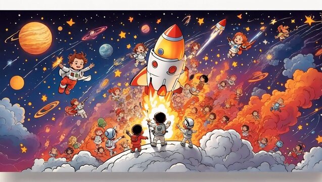 The cosmic sky is filled with brightly burning stars, and little people who came out of the rocket