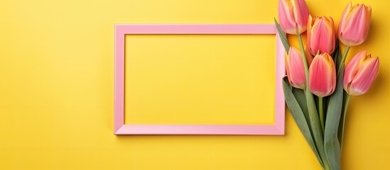 Hello Spring! composition featuring an empty picture frame and vibrant yellow tulip flowers on a pink
