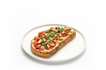 Slice of bread with hummus, nuts, peppers, and greens on a white plate