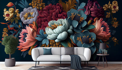 Elegant Colorful Seamless Floral with Flowers Background. 3d Interior Mural Painting Wallpaper for wall art Living Room. Abstract Pattern Flowers for use Fabric, Textile, Ai generated image