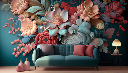 Elegant Colorful Seamless Floral with Flowers Background. 3d Interior Mural Painting Wallpaper for wall art Living Room. Abstract Pattern Flowers for use Fabric, Textile, Ai generated image