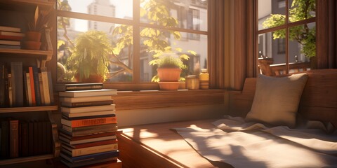 Fototapeta premium An inviting reading nook by a window, sun rays illuminating a stack of books, peaceful and warm, photorealistic