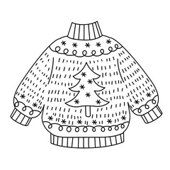 Christmas knitted sweater. Hand drawn doodle style. Vector illustration isolated on white. Coloring page.