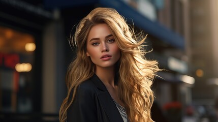 Fototapeta premium A Portrait of beautiful young woman with dark blonde hair in the city Generative AI
