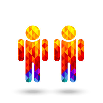 Man and woman icon makes of bright multicolored low poly triangles over white background, contemporary design, vector illustration
