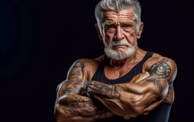 Muscular senior man poses with crossed arms and shows tattooed muscles