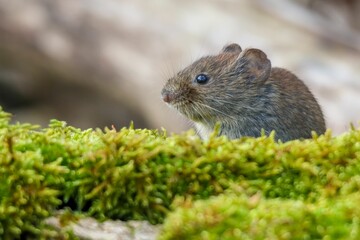 Pygmy field mouse on a green mossy surface.