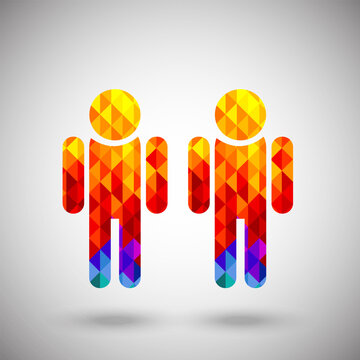 Man and woman icon makes of bright multicolored low poly triangles over gray background, contemporary design, vector illustration