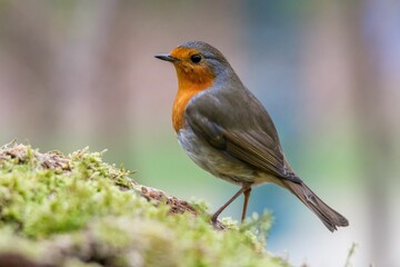 Vibrant Robin (Erithacus rubecula) perched on a moss-covered tree trunk