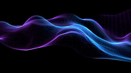 Dynamic wavy mesh in gradient blue and purple colors isolated on black futuristic technology abstract background.