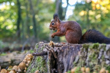 Obraz premium Closeup shot of a curious squirrel in a forest on a wooden surface
