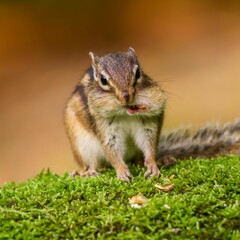 Close-up of an adorable Siberian chipmunk standing on a mossy log and chewing on nuts