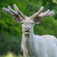 Majestic stag in a lush meadow, standing proudly with its impressive antlers spread wide.