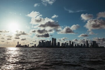 View of Cartagena cityscape in the background from the shore