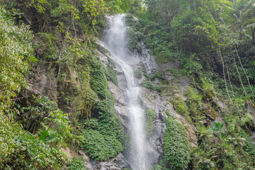 Naklejka na ściany i meble Small water fall on the tropical forest when rain season. The photo is suitable to use for adventure content media, nature poster and forest background.